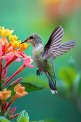 Iridescent Green Hummingbird Dipping Beak into Bloom with Blurred Wings