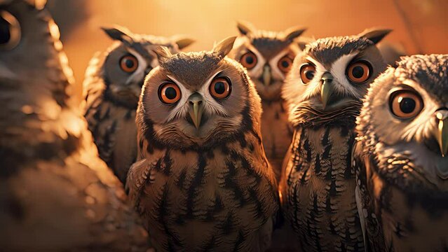 A group of owls taking a selfie. Created with generative AI.	
