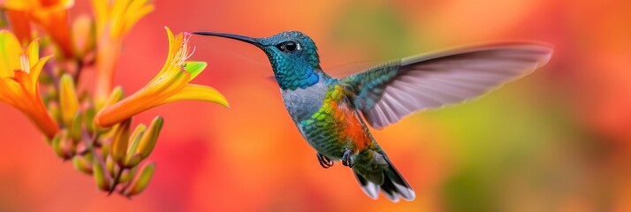 Fototapeta premium Shimmering Throat Hummingbird Approaching Orange Flowers with Autumnal Bokeh