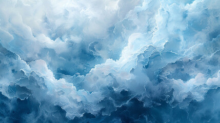 A calming and tranquil abstract painting on a marble slab with light blue and white colors, resembling a cloudy sky. 