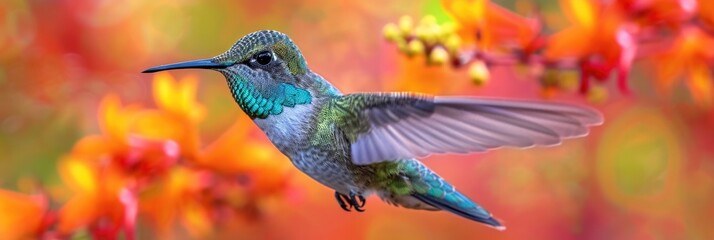 Fototapeta premium Fiery-Throated Hummingbird Mid-Flight to Orange Crocosmia Flowers