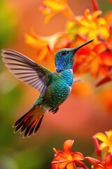 Obraz premium Shimmering Throat Hummingbird Approaching Orange Flowers with Autumnal Bokeh