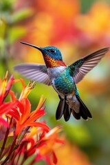 Fototapeta premium Shimmering Throat Hummingbird Approaching Orange Flowers with Autumnal Bokeh