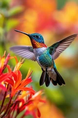 Crédence de cuisine en verre imprimé Colibri Shimmering Throat Hummingbird Approaching Orange Flowers with Autumnal Bokeh