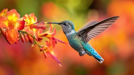 Fototapeta premium Shimmering Throat Hummingbird Approaching Orange Flowers with Autumnal Bokeh