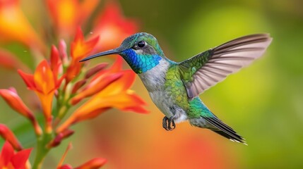 Mid-Flight Fiery-Throated Hummingbird with Outstretched Wings Near Orange Blooms