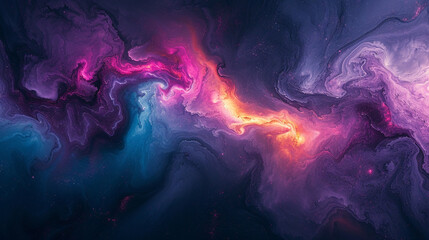 A celestial collision of deep purples, cosmic blues, and radiant pinks unfolding on a marble canvas, reminiscent of a distant galaxy.  - obrazy, fototapety, plakaty
