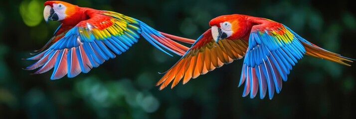 Dynamic Duo of Scarlet Macaws Flying, Bright Colors Against Green