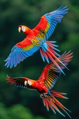 Scarlet Macaws in Flight: Vivid Red, Blue, and Yellow Wings Spread Wide