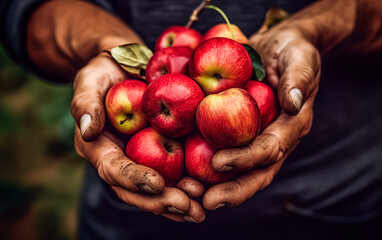 senior hands lovingly hold red apples at home.