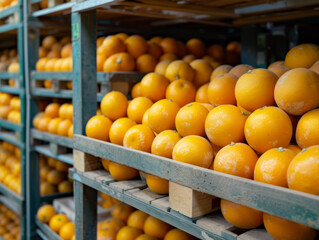 Ready to ship oranges stored in a cold warehouse. Photo footage for advertising orange products. Juice, cider, vinegar production in a citrus factory.