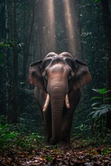 Fototapeta premium Asiatic Elephant in Misty Forest Clearing with Rays of Light