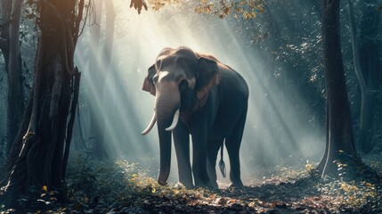 Elephant in Forest Glade: White Tusks and Calm Gaze in Soft Glow