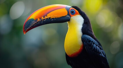 Fototapeta premium Toucan Close-Up with Multicolored Beak Open in Tropical Setting