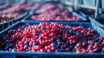 Ready-to-ship berries stored in a cold warehouse. Photo footage for advertising berry products. Jam, syrup, vinegar production in a berry processing facility.