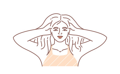 Scalp treatment linear concept. Skin care and SPA procedures. Beauty young girl with blonde hairs. Cosmetics products. Doodle flat vector illustration isolated on white background