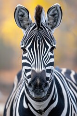 Naklejka premium Detailed Zebra Head and Neck: Stripes and Gentle Alertness in Focus