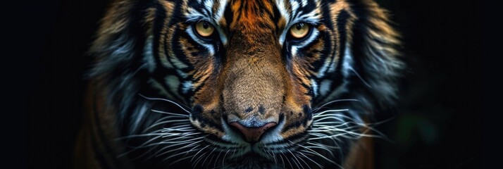 Bengal Tiger Face Emerging from Darkness with Piercing Golden Eyes