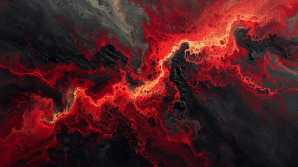 A dramatic and intense abstract painting on a marble slab with deep red and black colors, resembling a volcanic eruption.  - obrazy, fototapety, plakaty