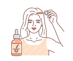 Scalp treatment linear concept. Skin care and SPA procedures. Beauty young girl with blonde hairs. Cosmetics products. Template and layout. Doodle flat vector illustration isolated on white background