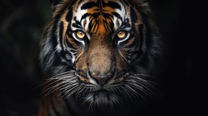 Intense Gaze of a Bengal Tiger: Face Illuminated Against Black Background