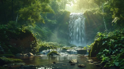 Fotobehang Panoramic beautiful deep forest waterfall © buraratn