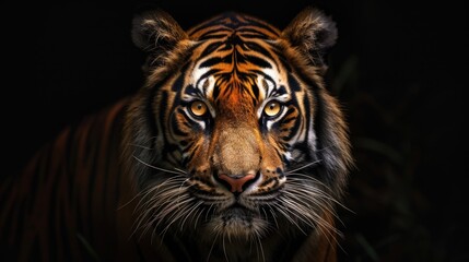 Close-Up of Bengal Tiger's Face with Intricate Fur Pattern in Darkness