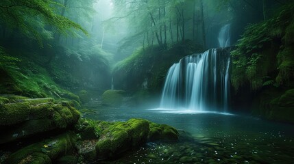 Panoramic beautiful deep forest waterfall