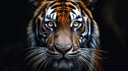 Bengal Tiger Face Emerging from Darkness with Piercing Golden Eyes