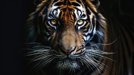 Bengal Tiger Face Emerging from Darkness with Piercing Golden Eyes