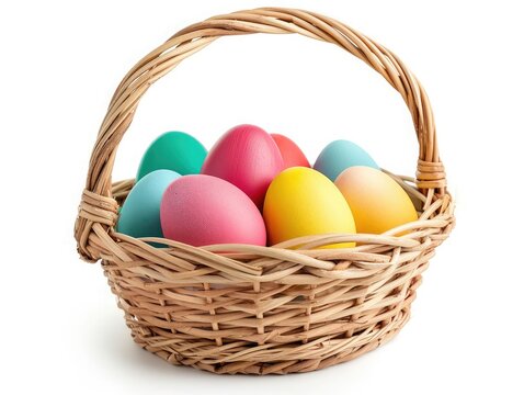 Multi colors Easter eggs in the woven basket isolated on white background with clipping path. Pastel color Easter eggs