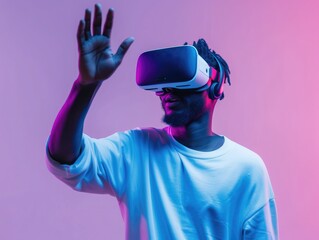 African american man in vr glasses, playing video games with virtual reality headset, trying to touch something with hand