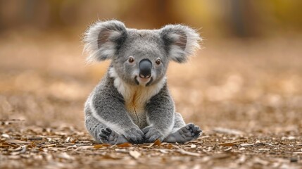 Cuddly Young Koala on Ground with Large, Round Nose and Inquisitive Eyes