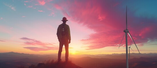 An engineer stands alone near windmill at a beautiful sunset landscape. AI generated image