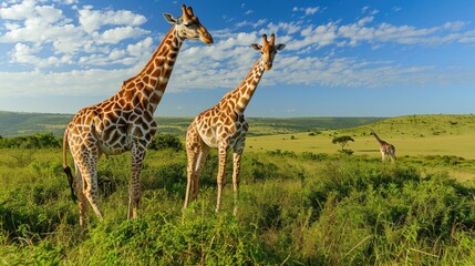 Giraffes Amidst African Savanna: Tall Stances and Patterned Fur
