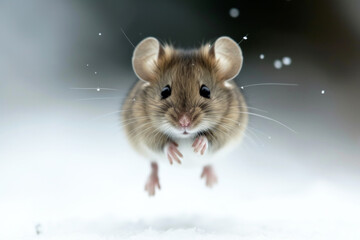 flying mouse. portrait of a cute mouse. Grey mouse. Mouse in the jump. Funny mouse, flying. cute little mouse try move to hand, hamster feeling wonder and excite, mouse on nature background, pet in ho - obrazy, fototapety, plakaty