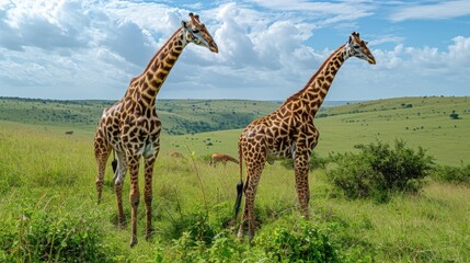 Obraz premium Two Giraffes in Lush Savanna: Front and Profile Views Against Green Hills