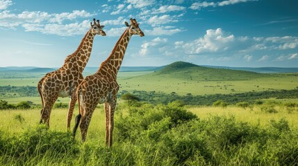 Giraffes Standing in Green Savanna: Mosaic Patterns and Distant Hills