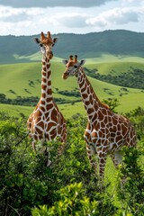 Two Giraffes in Lush Savanna: Front and Profile Views Against Green Hills