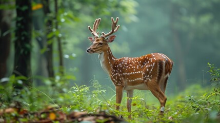 Naklejka na ściany i meble Spotted Deer in Serene Wayanad Forest: Side Profile with Antlers