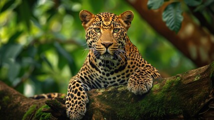 Naklejka premium Leopard in Stealth Mode: Crouching on a Tree Branch with Muscles Rippling Beneath Its Spotted Fur, Set Against the Lush, Sunlit Canopy of the African Wilderness.