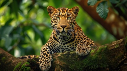 Leopard in Stealth Mode: Crouching on a Tree Branch with Muscles Rippling Beneath Its Spotted Fur, Set Against the Lush, Sunlit Canopy of the African Wilderness.