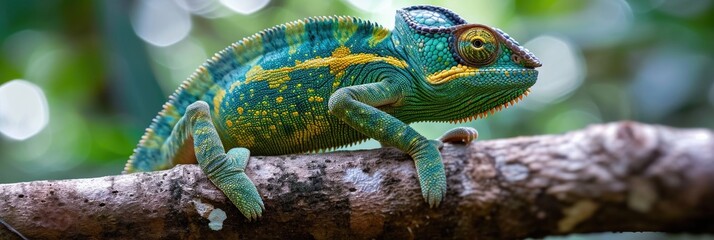 Fototapeta premium Vibrant Chameleon Perched on Tree: Independent Swiveling Eyes and Curled Tail