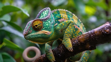 Chameleon's Camouflage: Up-Close on a Branch with Green, Yellow, and Brown Scales