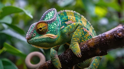 Foto op Canvas Chameleon's Camouflage: Up-Close on a Branch with Green, Yellow, and Brown Scales © Landscape Planet