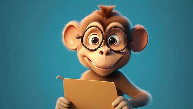 Cute happy cartoon monkey holding a blank sign. Created with Generative AI.	
