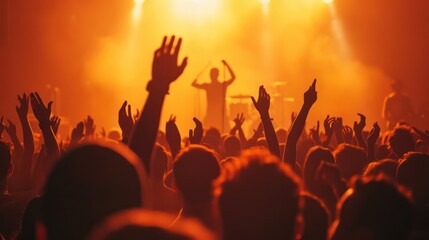 Fototapeta premium Concertgoers in front of bright lights, captured in the euphoria of the band or singer's performance
