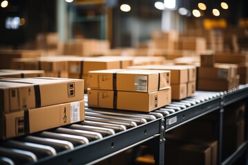 Operational Efficiency: A Conveyor Belt in a Warehouse Moves Boxes with Precision, Demonstrating Effective Logistics Management