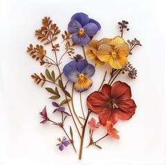 dried pressed flowers on white background