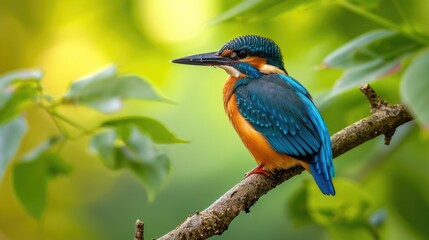 Fototapeta premium Kingfisher in Sharp Focus: Intricate Feathers and Pointed Beak Against a Soft, Green Leafy Backdrop Illuminated by Sunlight.
